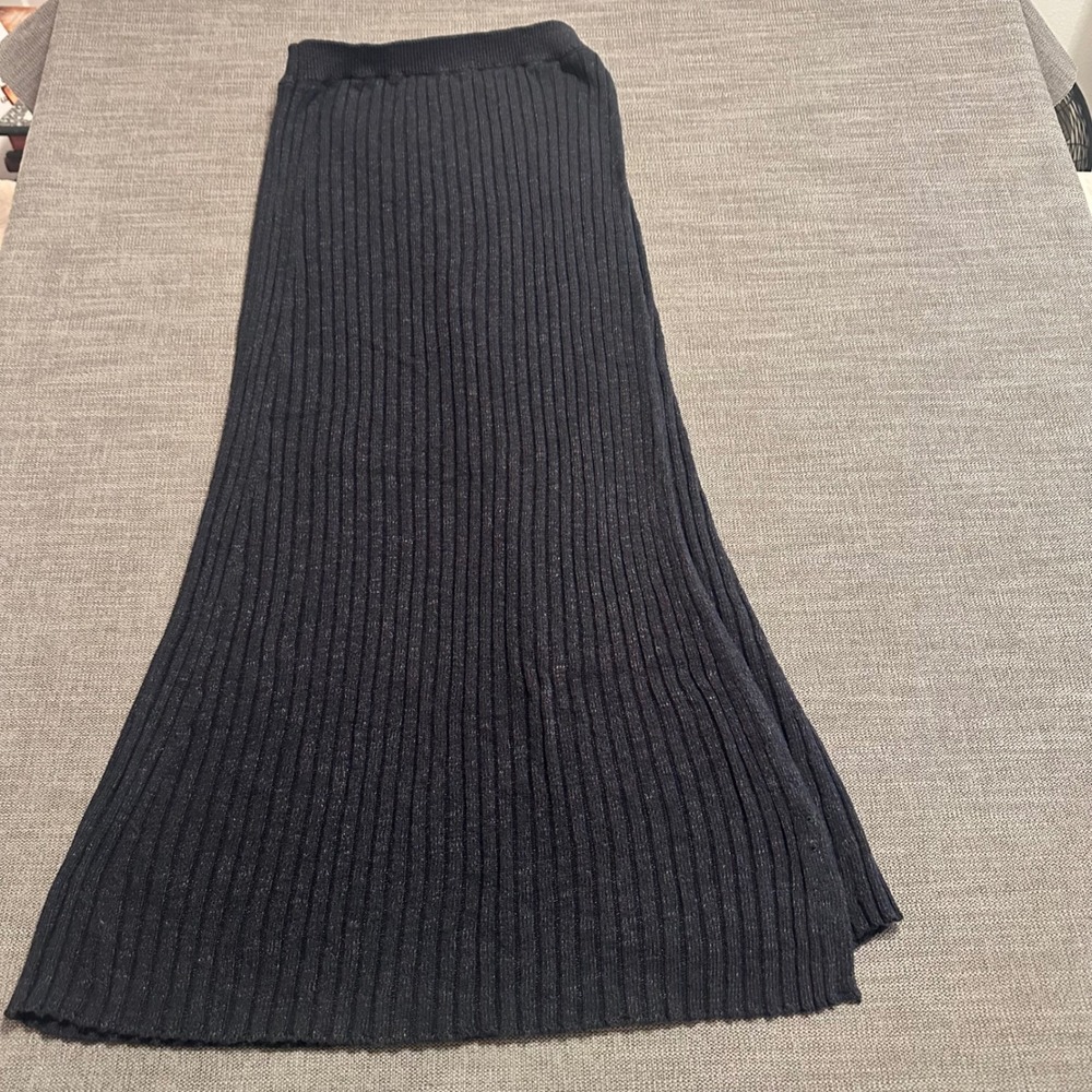 Free People Maxi Skirt Womens XL Black New Ribbed Knit Metallic Side Slit Column